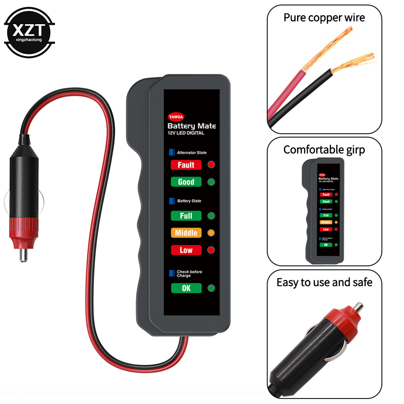 Power Tools China - Autobatterie-Tester mit 6 LED-Anzeigen, Zigarettenanzünder-12V-Stromanalysator, Digitaler